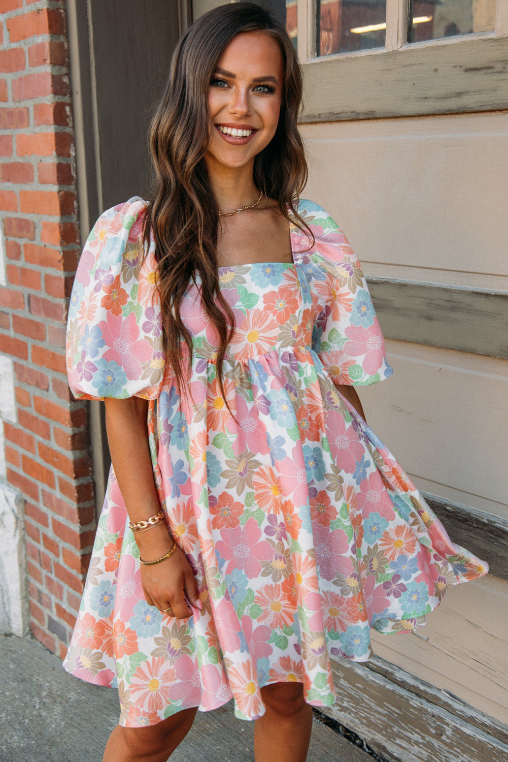 Rose Summer Floral Square Neck Puff Sleeve Babydoll Dress - Eloy Royal