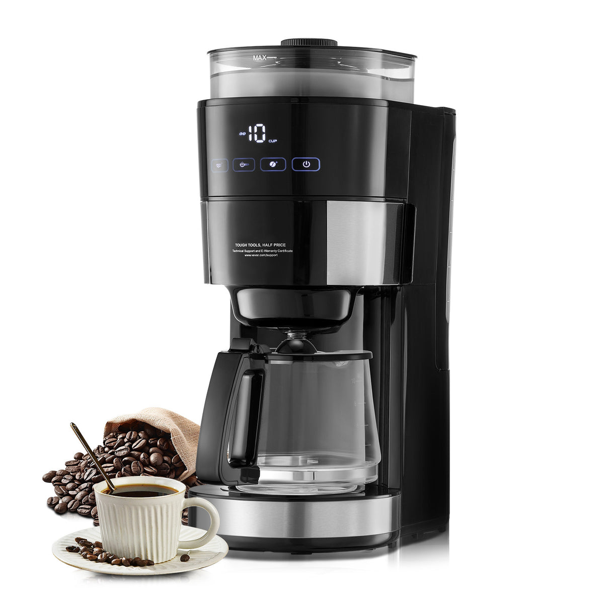 Coffee Maker with Grinder, 10 Cup Coffee Machine, Grind and Brew Coffee Maker with 3 Brew Strength Control, Drip Coffee Maker with Adjustable Grinding Coarseness, for Home Office Restaurant