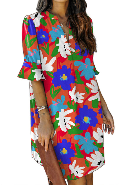 Multicolor Floral Print Mandarin Collar Short Sleeve Tunic Dress - Eloy Royal