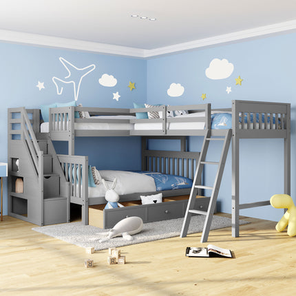 Twin over Full L-Shaped Bunk Bed With 3 Drawers, Ladder and Staircase - Gray(OLD SKU:LT000810AAE-1)