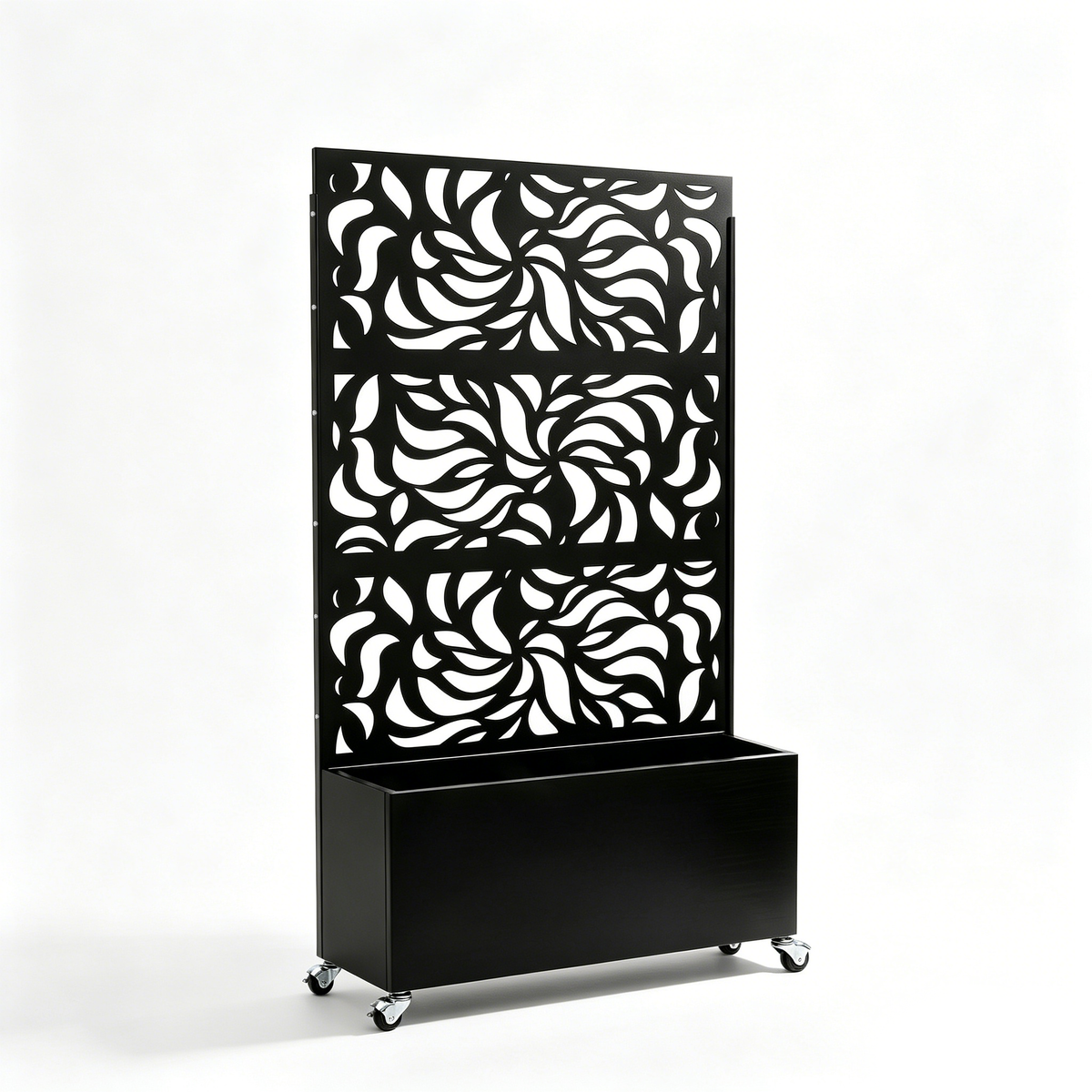 70.87' H × 46.06' W Leaf Pattern Privacy Screen with Planter Box, Black Metal Freestanding Decorative Fence Planter for Patio Balcony Backyard