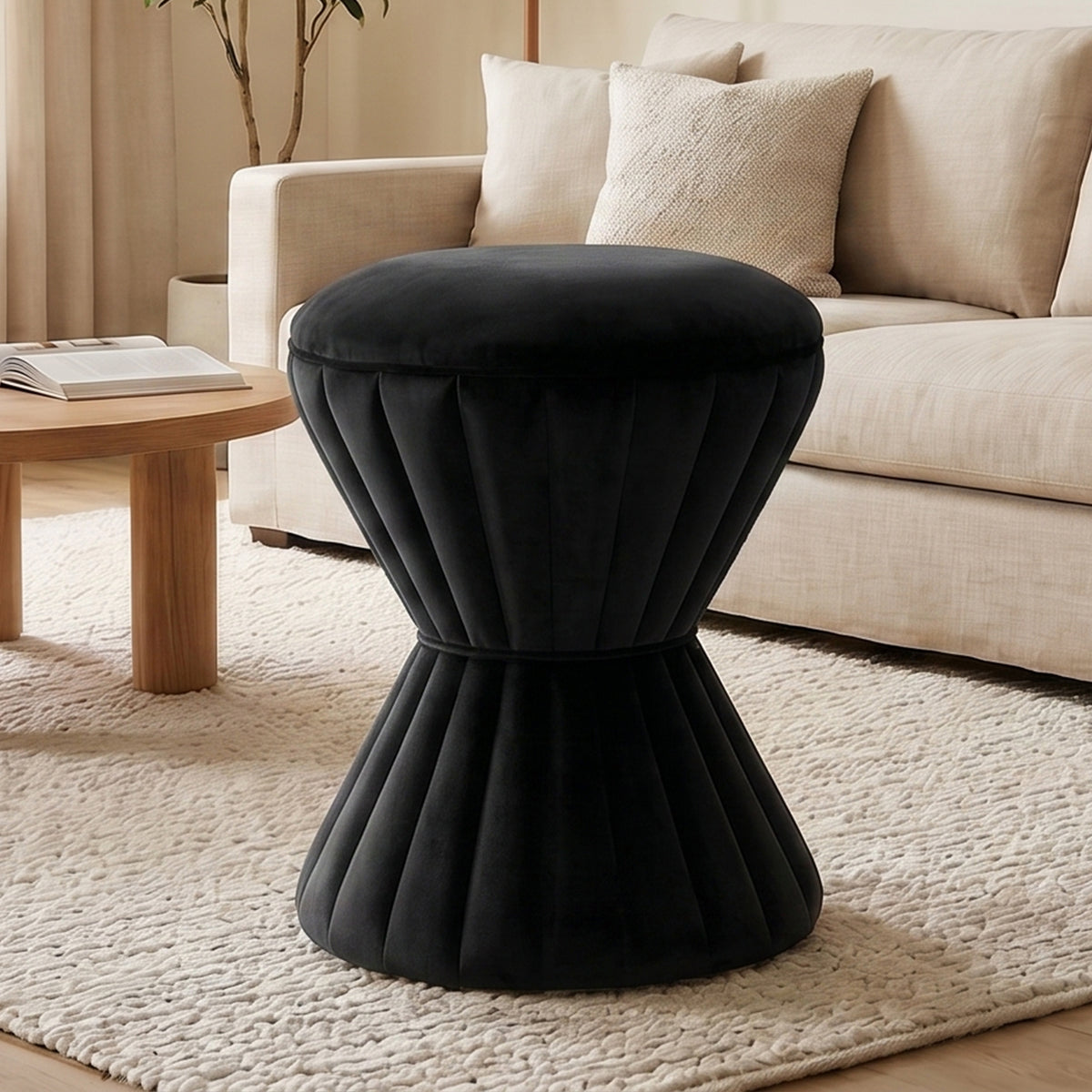 Multifunction Velvet Ottoman, Upholstered Vanity Stool Chair, Sturdy Round Footstool for Makeup, Living Room, Bedroom, Entryway