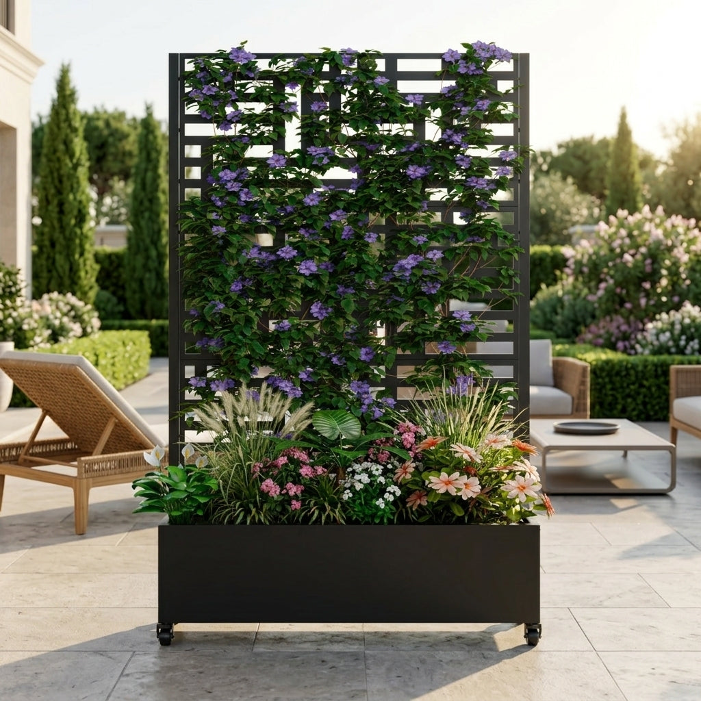 Metal Planter Box with Trellis,  73'x47'x16' Metal Raised Garden Bed with Trellis, Metal Planter Box with Drainage Holes & Lockable Wheels & Privacy Screen for Climbing Plants, Vegetables, Vines