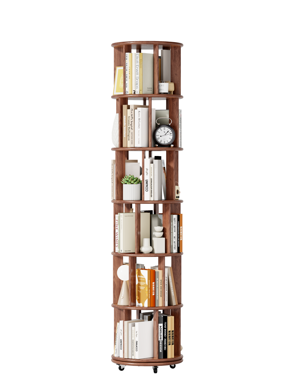 100%Solid Wood Rotating Bookshelf on Wheels, 6 Tier, Round Revolving Bookcase, 360° Spinning Book Shelf Tower for Kids, Narrow Rolling Bookshelves for Small Space, Corner, Bedroom, Office, Walnut