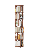 100%Solid Wood Rotating Bookshelf on Wheels, 6 Tier, Round Revolving Bookcase, 360° Spinning Book Shelf Tower for Kids, Narrow Rolling Bookshelves for Small Space, Corner, Bedroom, Office, Walnut