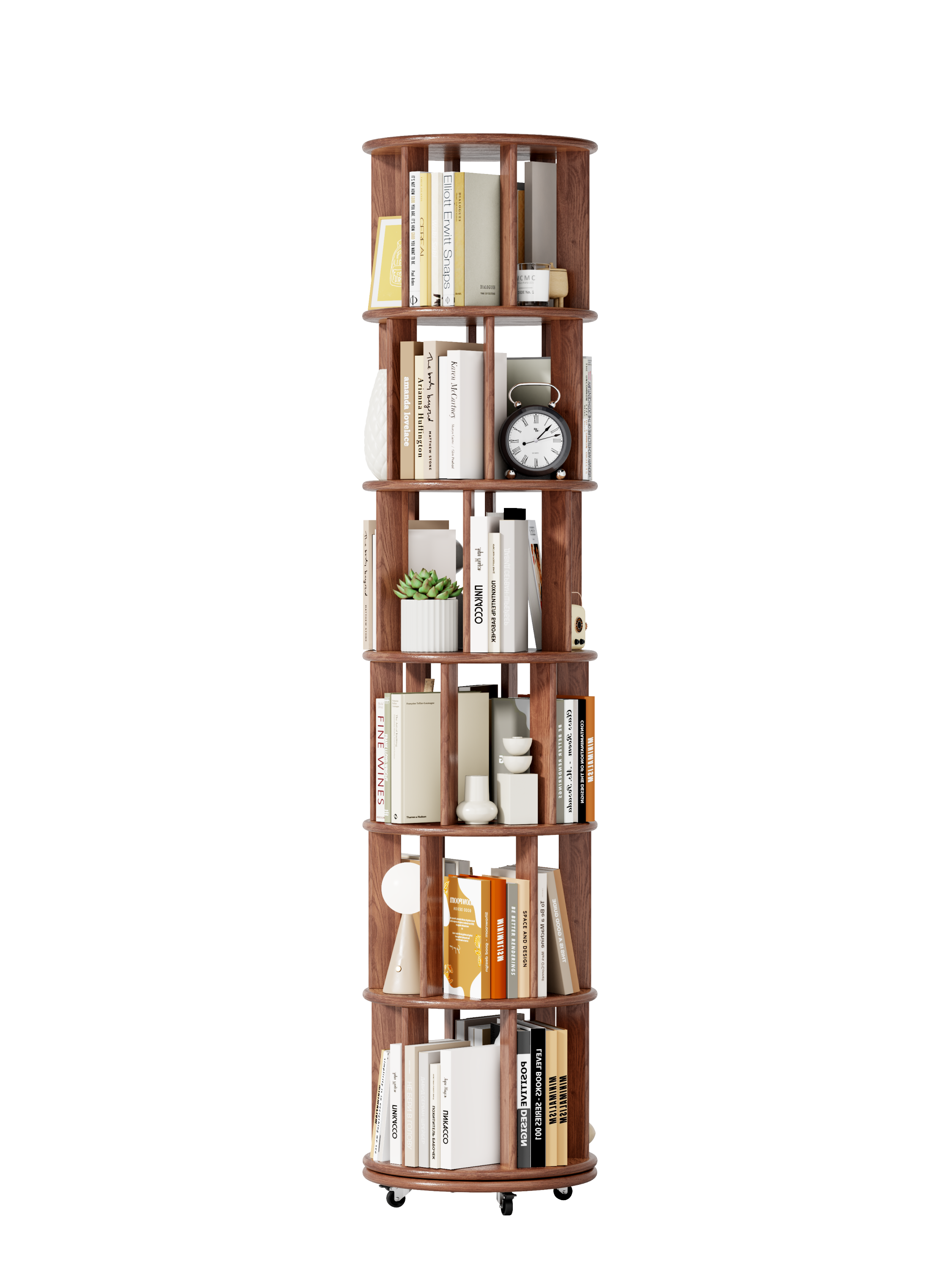 100%Solid Wood Rotating Bookshelf on Wheels, 6 Tier, Round Revolving Bookcase, 360° Spinning Book Shelf Tower for Kids, Narrow Rolling Bookshelves for Small Space, Corner, Bedroom, Office, Walnut