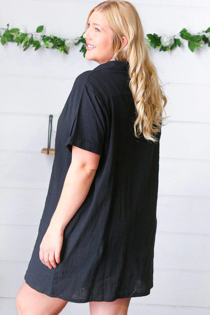 Wholesale Black Plus Size Collar Buttoned Short Sleeve Shirt Dress - Eloy Royal