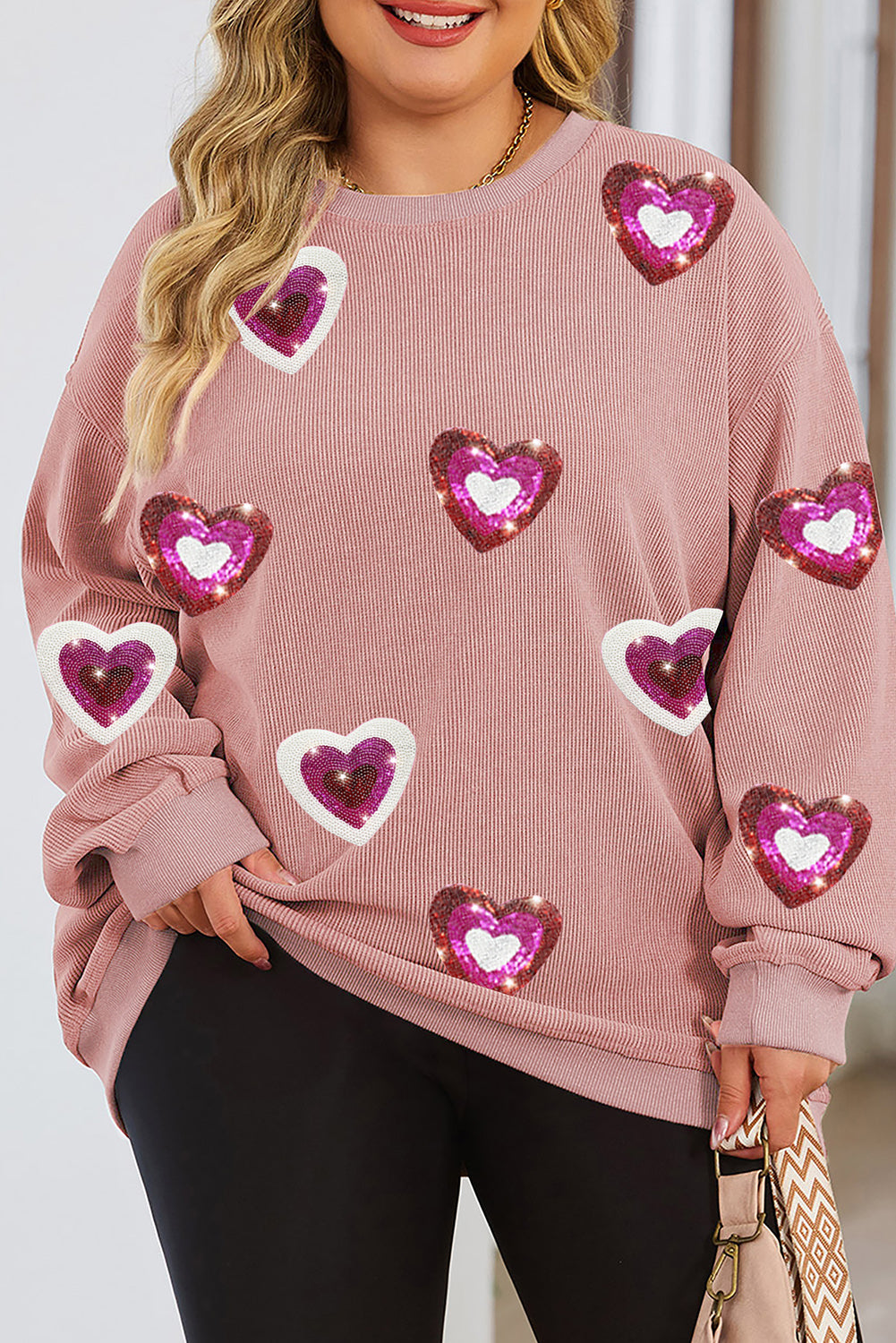 Wholesale Pink Sequined Heart Pattern Corded Plus Size Sweatshirt - Eloy Royal