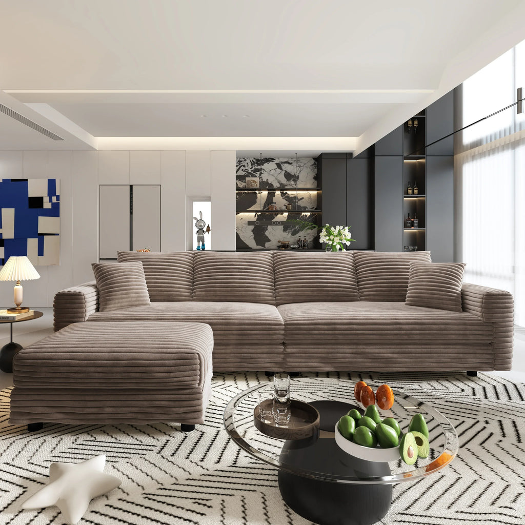 102.4 'Plush Corduroy 4-Seat Sofa,Modern Comfy Upholstered Sofa Cloud Couch,Deep Seat Couches with Soft Pillows and Movable Ottoman,Convertible Sofa Lounge Chair,for Living Room,Apartment,Office,Camel - Eloy Royal