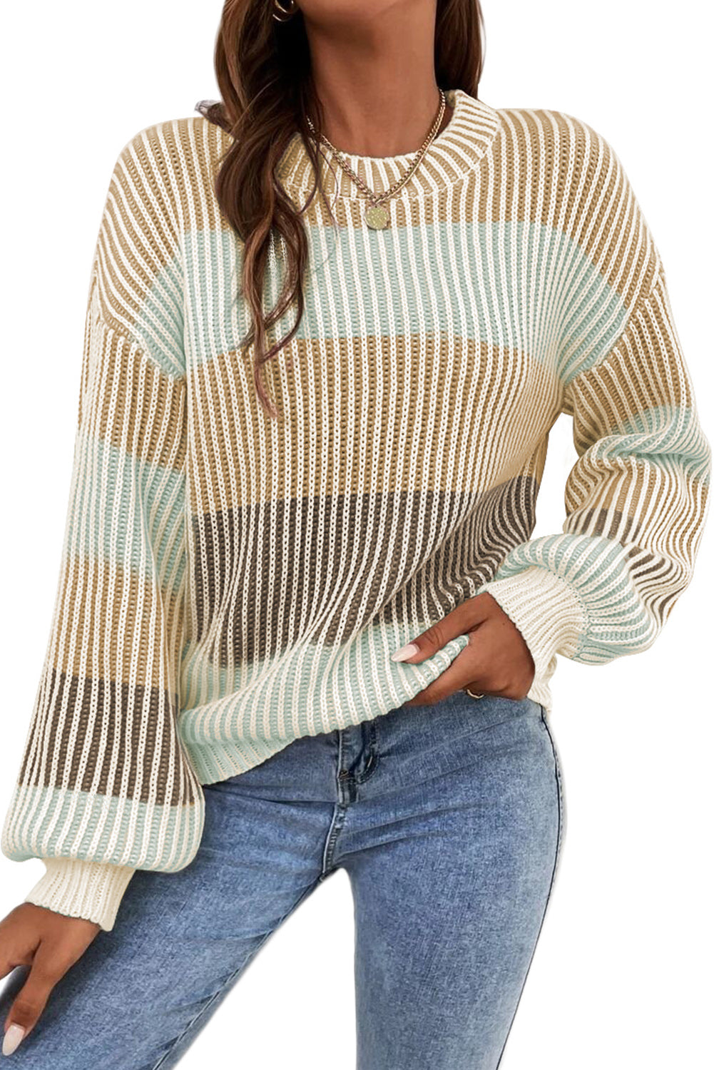 Brown Colorblock Lantern Sleeve Rib Knitted Sweater