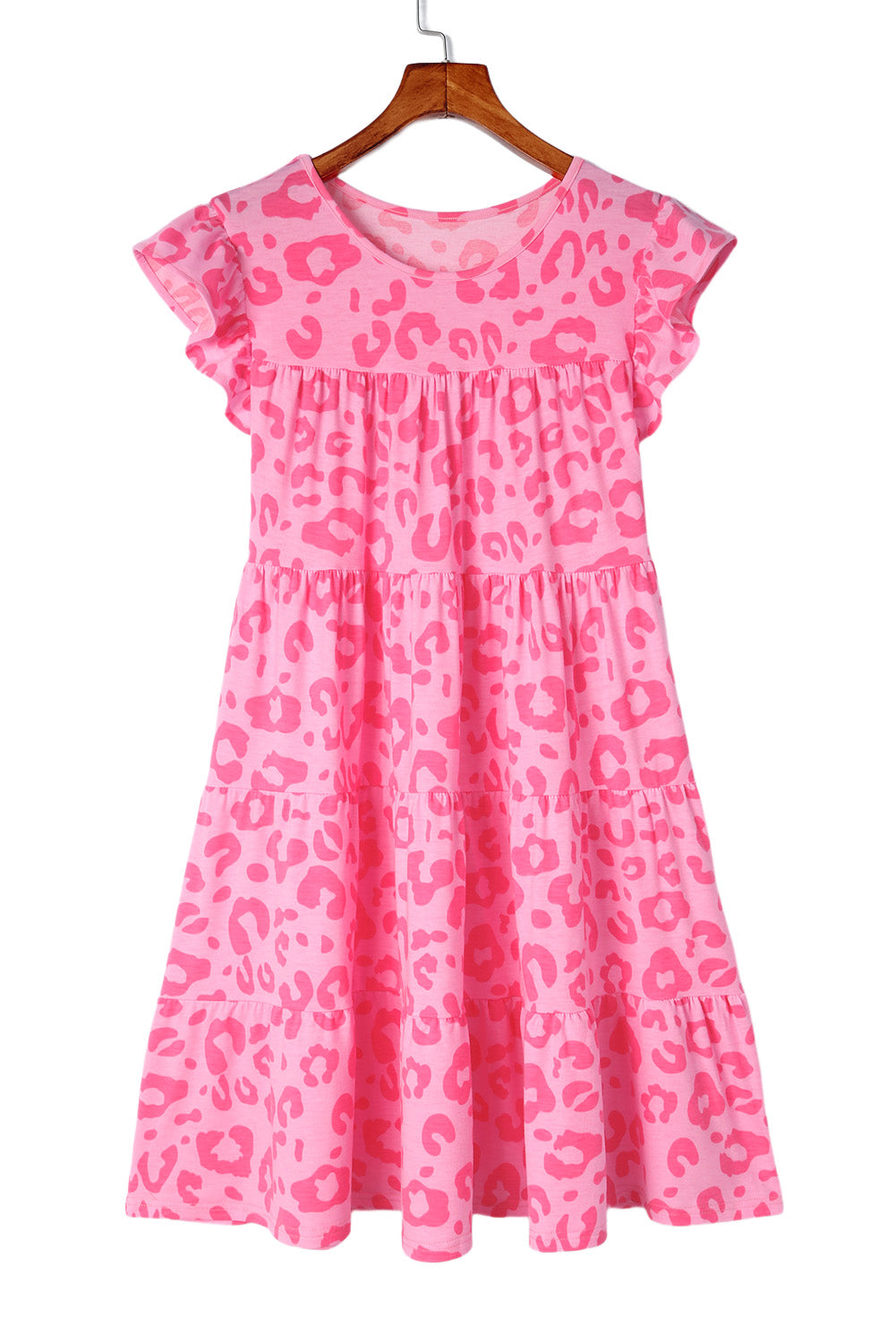 Pink Leopard Round Neck Ruffle Tiered Mini Dress - Eloy Royal