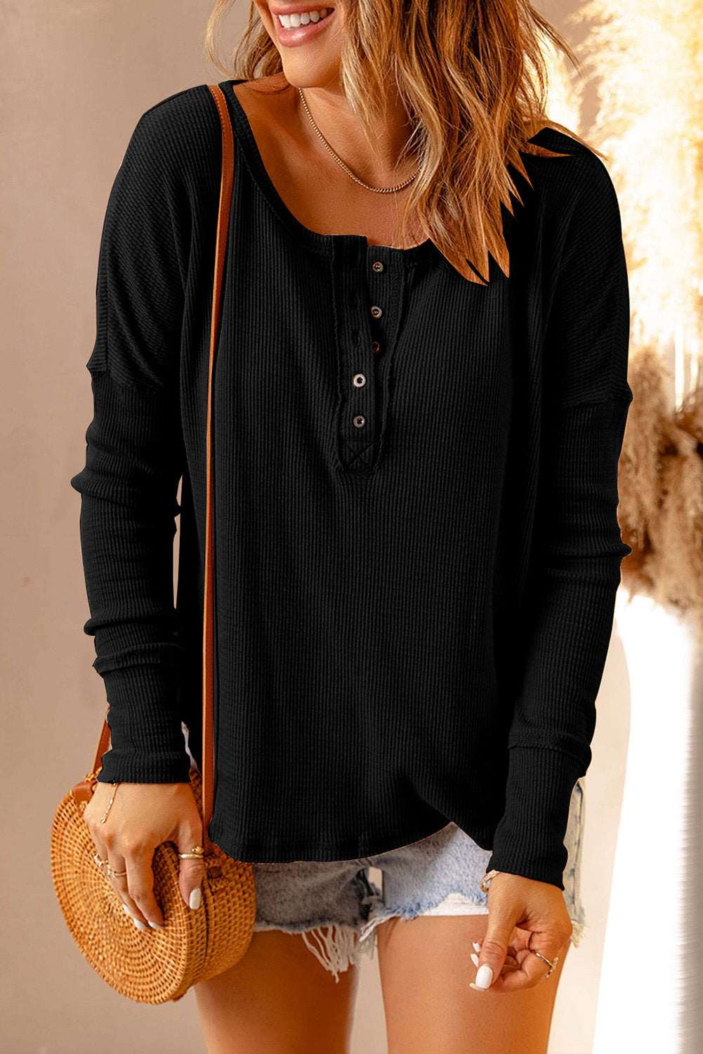 Double Take Full Size Half Button Drop Shoulder T-Shirt Black