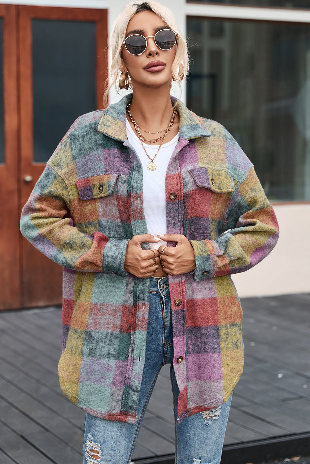 Multicolor Brushed Plaid Pocketed Oversize Shacket - Eloy Royal