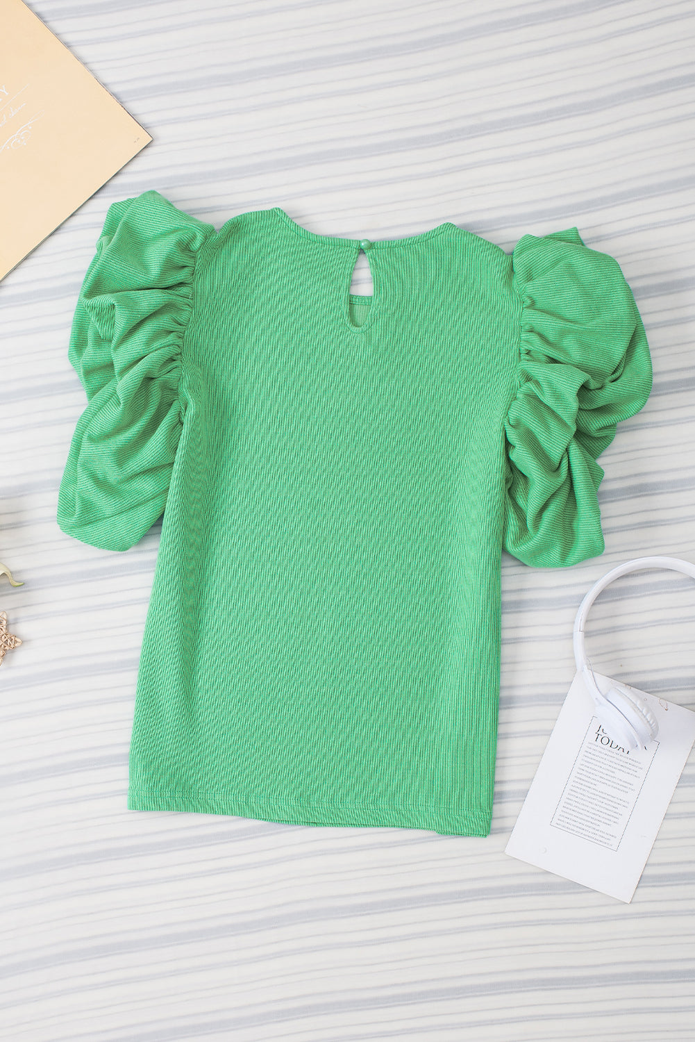 Green Solid Color Ruffle Sleeve Ribbed Blouse - Eloy Royal