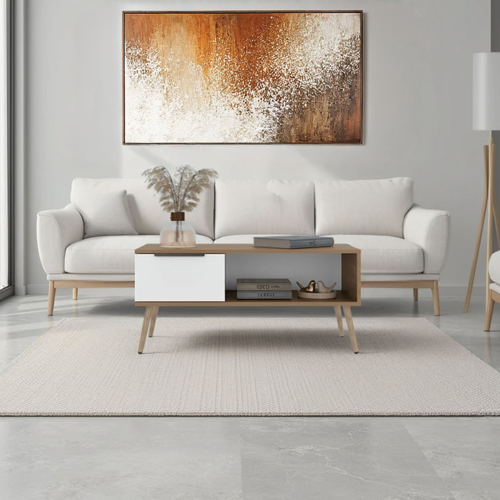 Scandinavian Style Coffee Table with Storage Drawer and Open Shelf,White