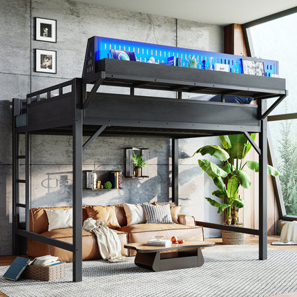 Queen size Loft Bed Frame with Storage Shelves and Pegboard, Metal Loft Bed with USB Ports and LED Lights, Safe and Sturdy, Black
