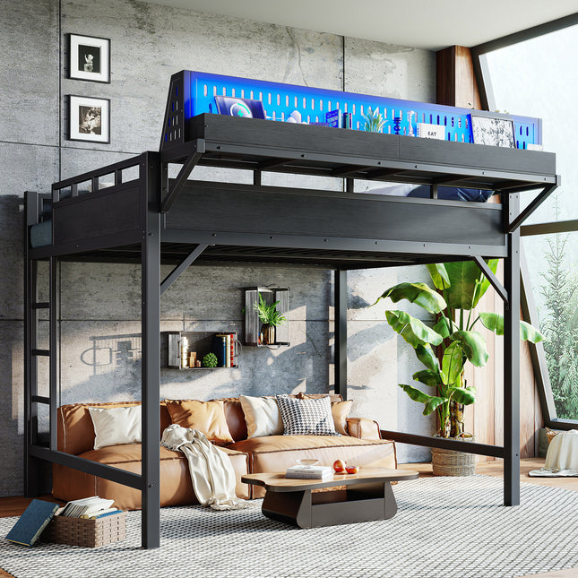 Queen size Loft Bed Frame with Storage Shelves and Pegboard, Metal Loft Bed with USB Ports and LED Lights, Safe and Sturdy, Black