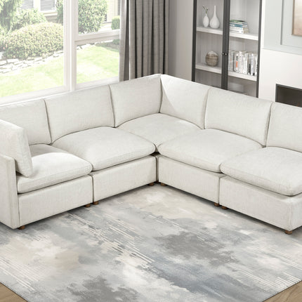 Modern Modular 5-Piece Sectional Beige Fabric Upholstered Durable Solid Wood Frame Living Room Furniture