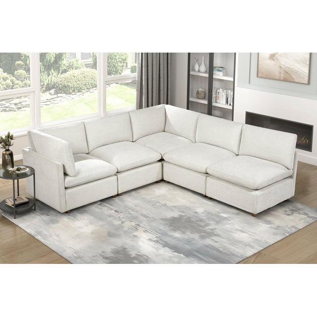 Modern Modular 5-Piece Sectional Beige Fabric Upholstered Durable Solid Wood Frame Living Room Furniture