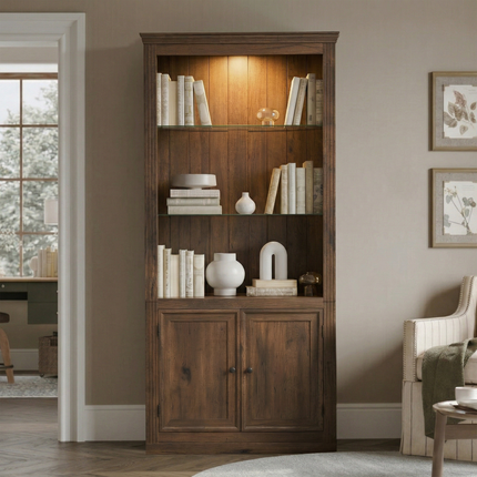 78.75''H 4-Tier Display Shelf, with LED Ceiling Warm Light, Freestanding Farmhouse Bookcases with Storage & Doors, Bookshelf with Adjustable Glass Shelves for Home & Office - Brown