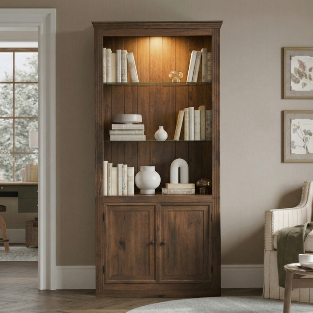 78.75''H 4-Tier Display Shelf, with LED Ceiling Warm Light, Freestanding Farmhouse Bookcases with Storage & Doors, Bookshelf with Adjustable Glass Shelves for Home & Office - Brown