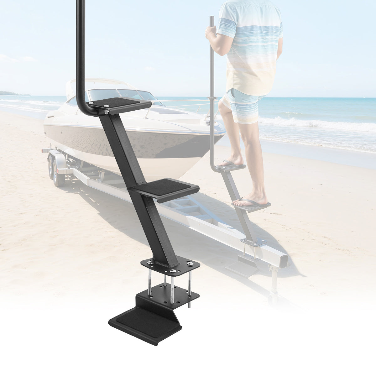 Boat Trailer Steps, 3-Step, Heavy-Duty Boat Trailer Steps with Handle, Non-Slip Surface, 3 Mounting Angle Options, Carbon Steel Ladder Suitable for 3' x 3'/3' x 5'/4' x 4' Frame, Bottom Mounting