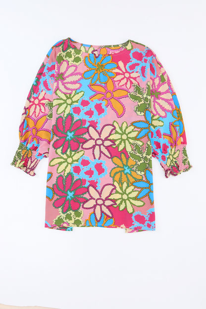 Pink Floral Print Bracelet Sleeve Blouse - Eloy Royal