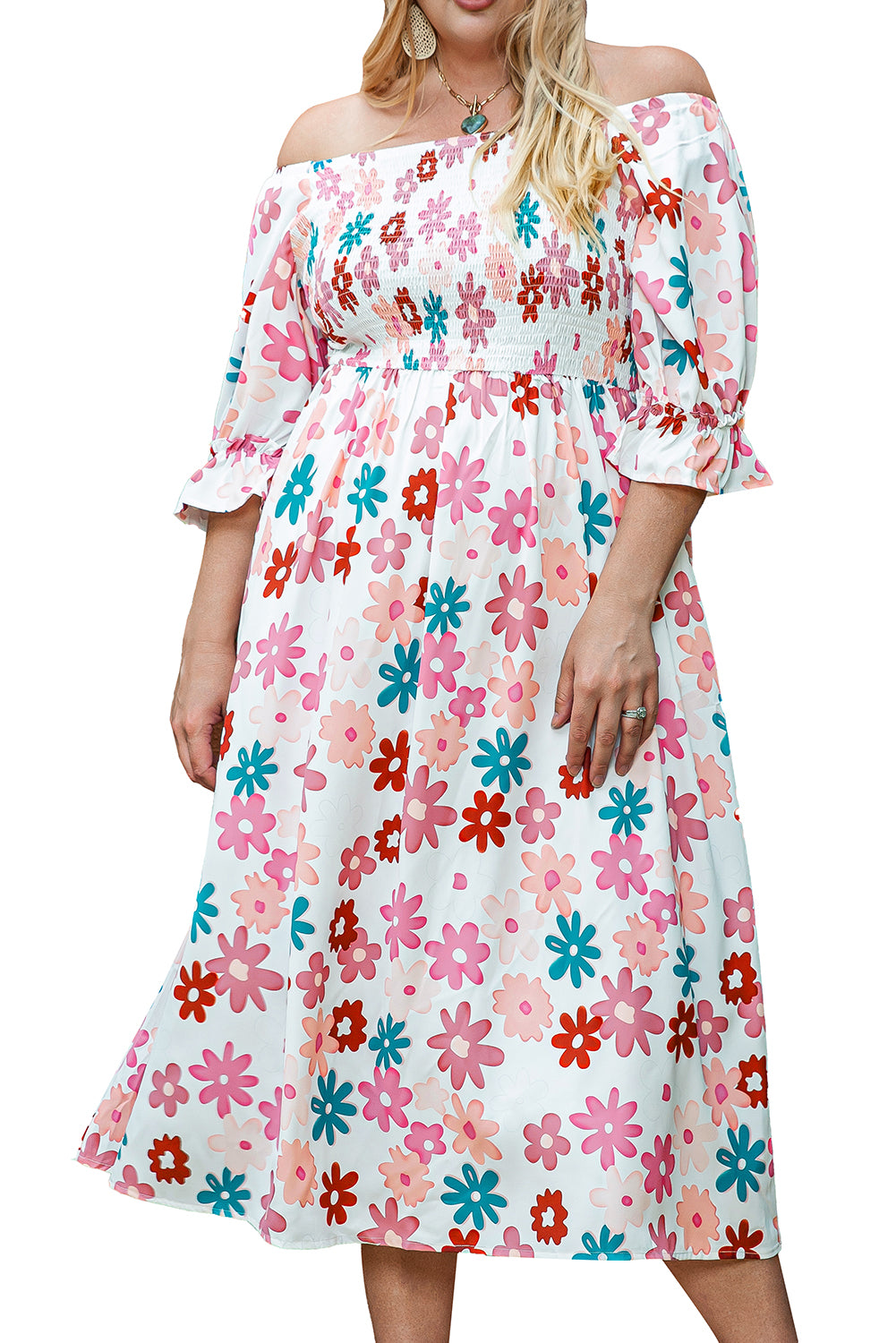 White Plus Size 60s Flower Print Smocked Off Shoulder Dress - Eloy Royal