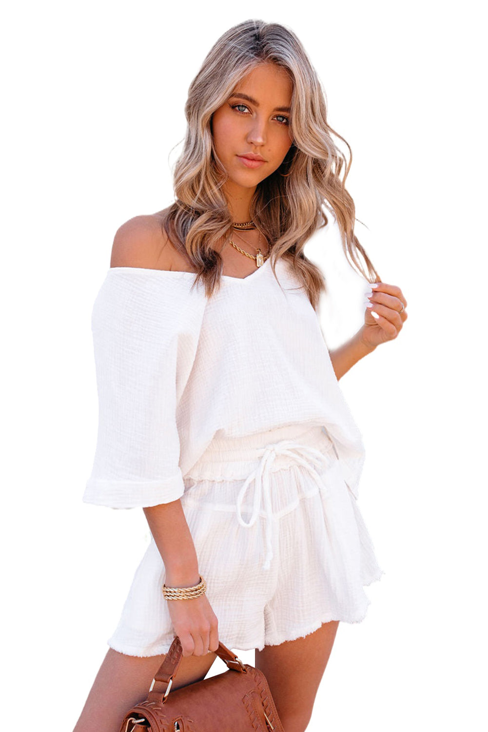 White Loose V Neck Blouse & Drawstring Raw Hem Shorts Set - Eloy Royal