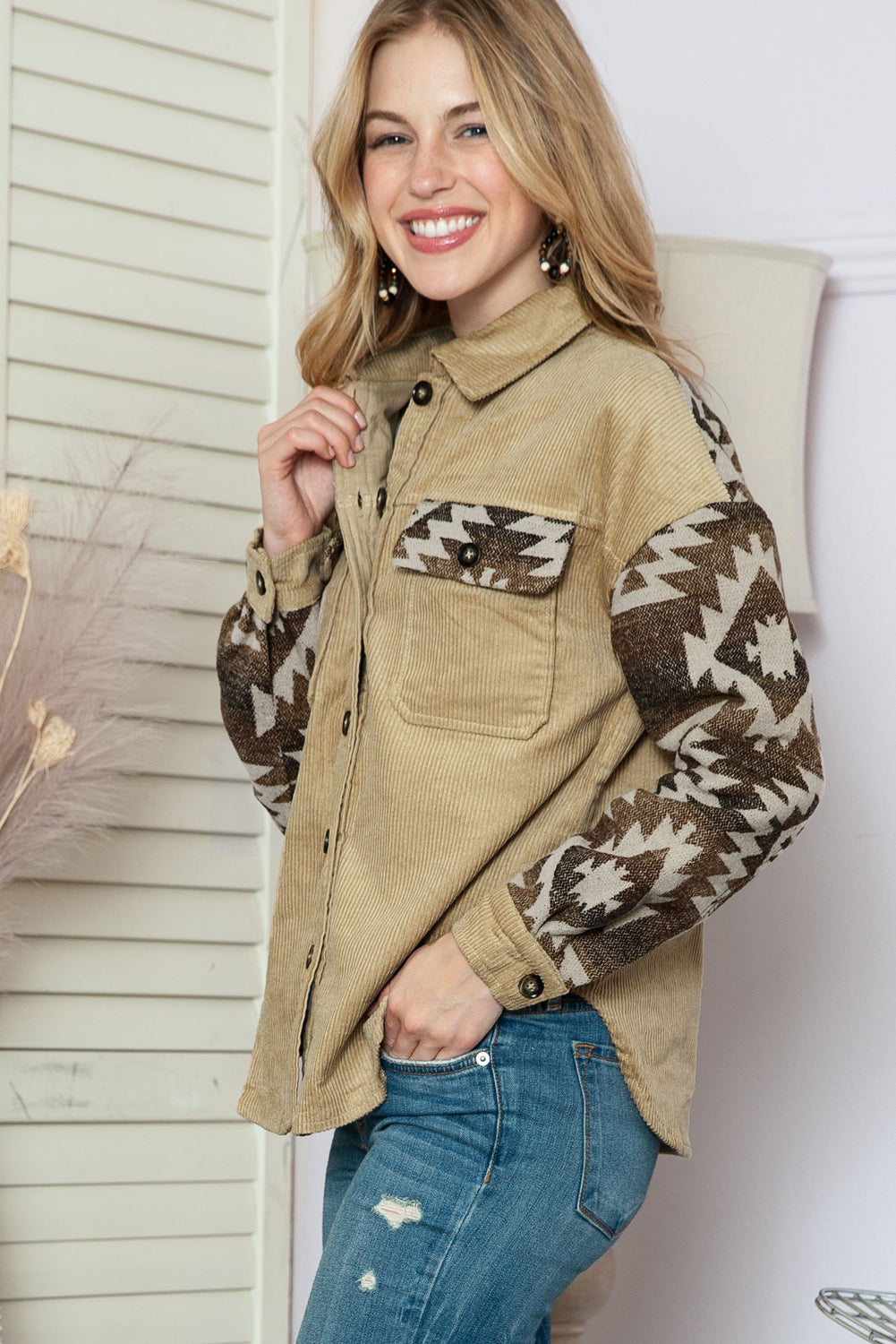 Wholesale Khaki Geometric Print Patchwork Frayed Edge Corduroy Jacket - Eloy Royal