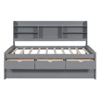 Full Size Wooden Captain Bed with Built-in Bookshelves, Three Storage Drawers and Trundle in Light Grey - Solid Pine Wood + MDF
