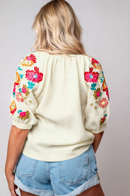 Beige Floral Embroidered Puff Sleeve Ricrac Textured Blouse