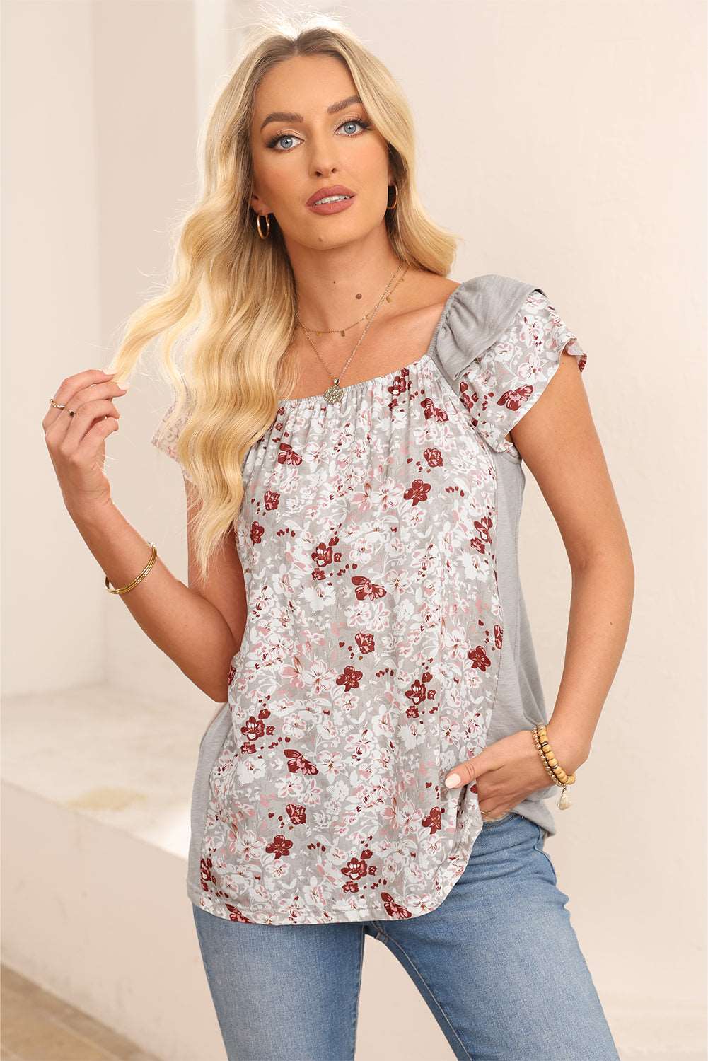 Apricot Pink Floral Print Square Neck Ruffle Sleeve Blouse