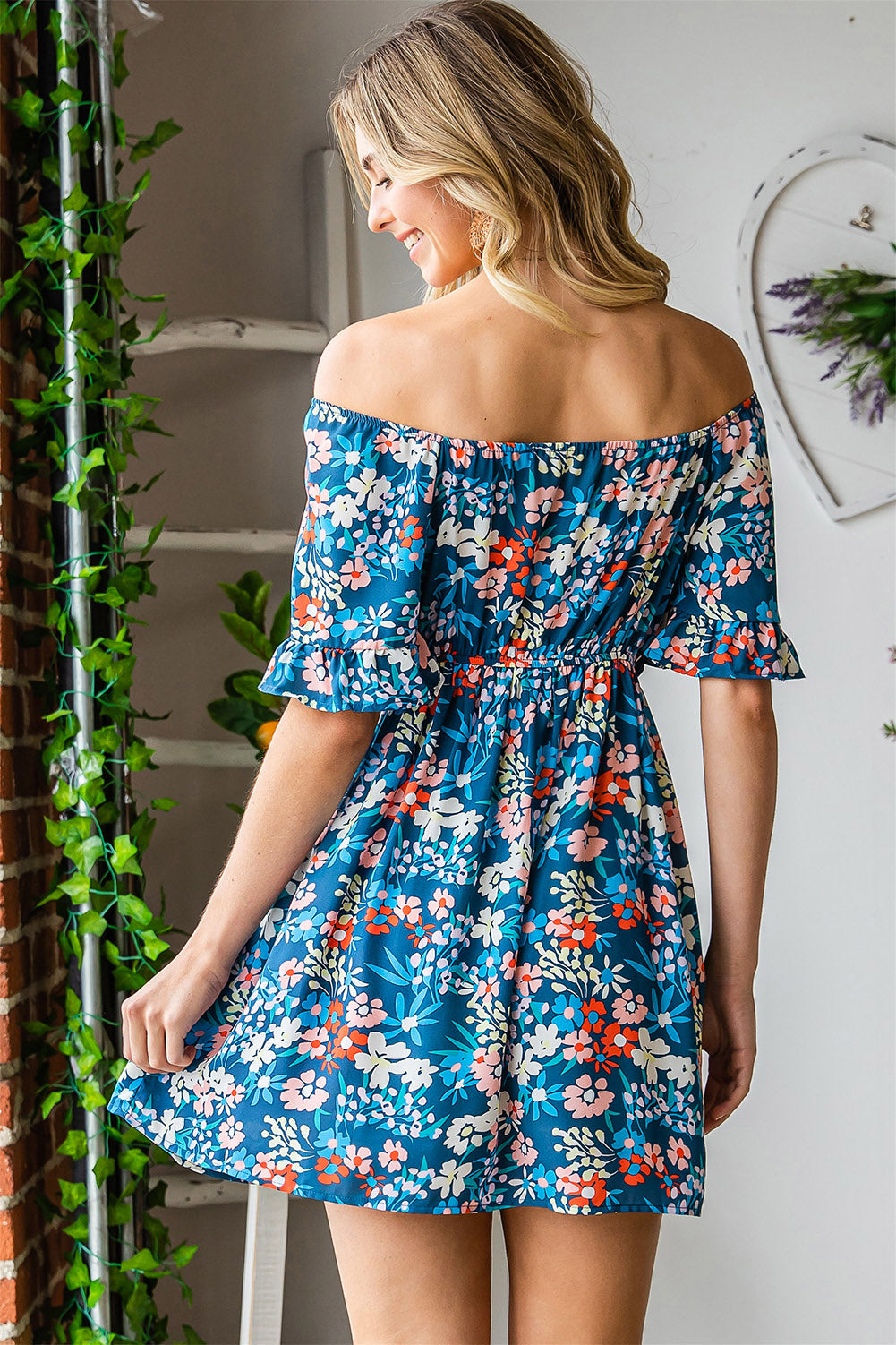 Dark Blue Bohemian Floral Print Off Shoulder Short Dress - Eloy Royal