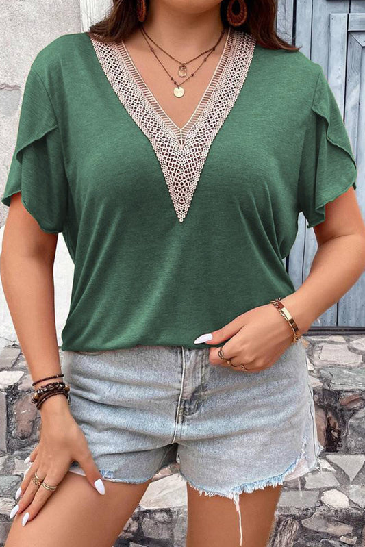 Blackish Green Plus Size Contrast V Neck Draped Sleeve Blouse - Eloy Royal