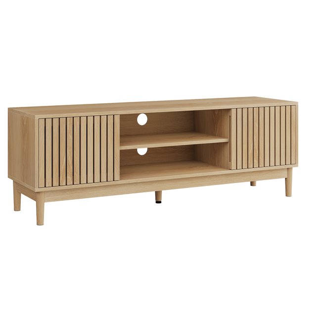Mid-Century Modern 55-Inch TV Stand with Storage, Oak Finish, Solid Wood Legs, Suitable for 55-65 Inch TVs