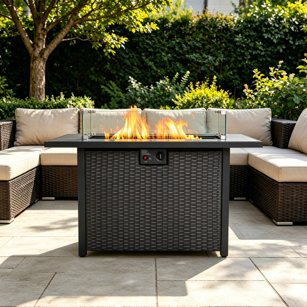 44 Inch 50000 BTU Propane Fire Pit Table, 2-in-1 Rectangular Fire Pit Outdoor Patio Heater Table with Glass Wind Guard for Backyard Garden Gathering