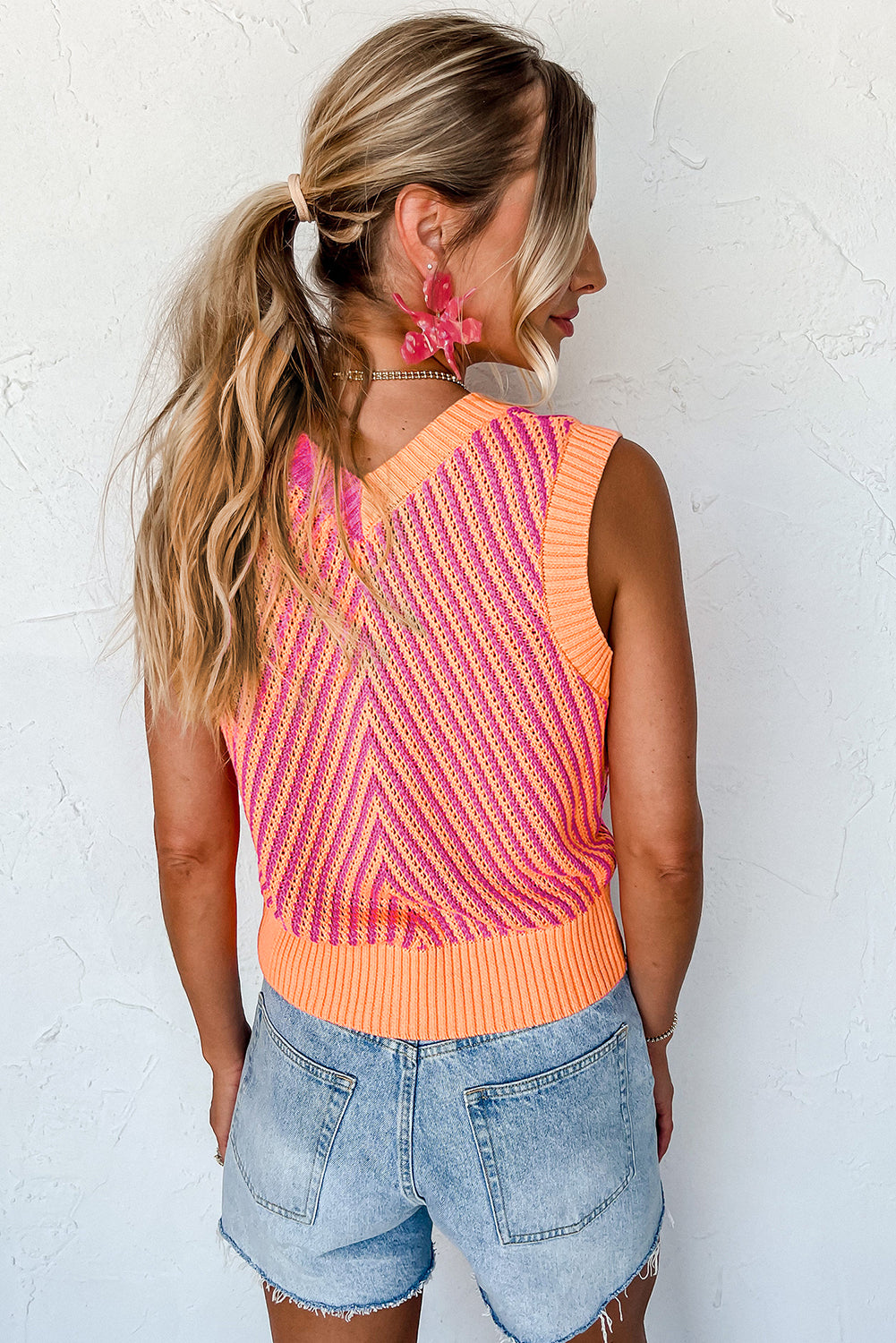 Strawberry Pink Contrast Chevron V Neck Knitted Vest - Eloy Royal