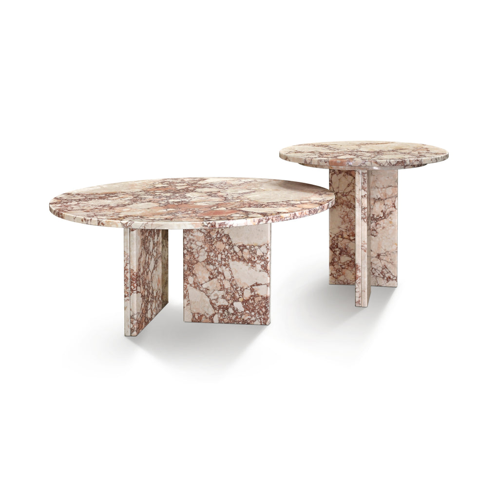 Pink Natural Marble Coffee Table Set, Small Living Room Table with Polished Surface, Genuine Real Marble and Metal Base, 70cm & 45cm Diameter