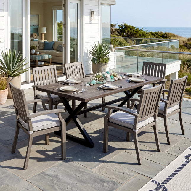 7-Piece Outdoor Dining Set with Aluminum Chairs & Iron Legs, Weatherproof Patio Furniture,Grey+Black+Brown