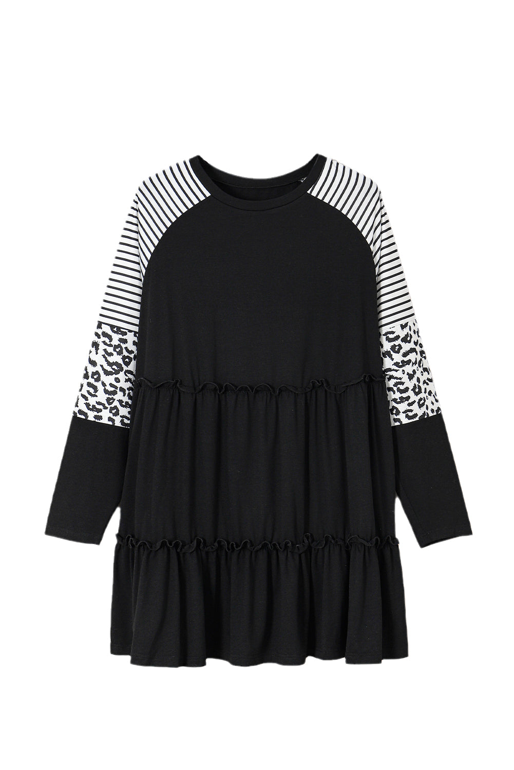 Black Plus Size Striped & Leopard Patch Sleeve Ruffle Tiered Dress - Eloy Royal