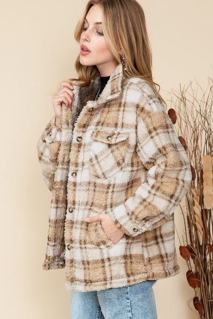 Khaki Sherpa Plaid Button Pocketed Jacket - Eloy Royal