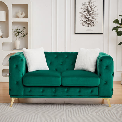 [Video] Classic modern sofa: 61.25-inch Chesterfield-style sofa with tufted detailing and luxurious velvet upholstery, featuring 2 throw pillows and metal legs,green