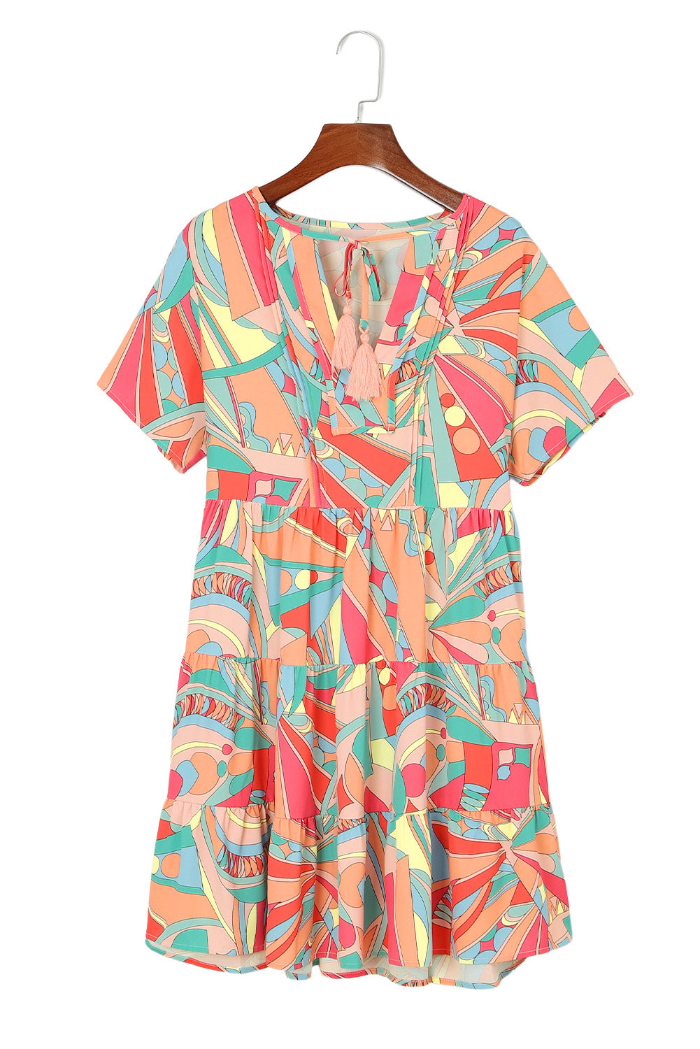 Multicolor Abstract Print Split V Neck Short Sleeve Tiered Dress - Eloy Royal