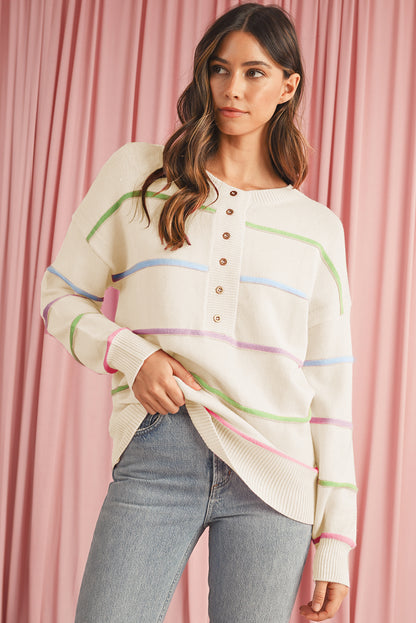 Pink Rainbow Striped Drop Sleeve Henley Sweater