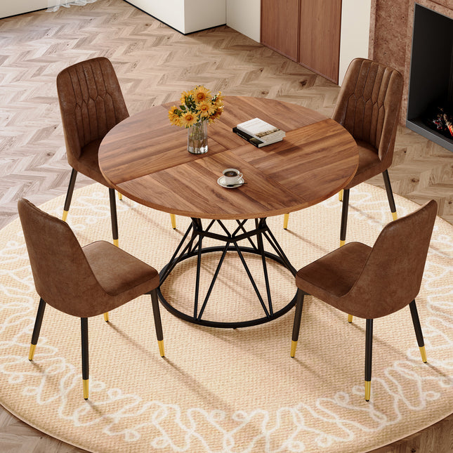 Table and chair set.A circular walnut MDF dining table with a diameter of 47.3 inches,black hourglass shaped metal brackets.Paired with 4 Brown Technology-Fabric Material Dining Chairs.