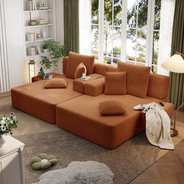 Oversized Double Chaise Lounge 2-Piece Set, Luxurious Plush Corduroy Convertible Sofa Bed with 6 Pillows and Storage Pocket, for Small Spaces,Home Theater, Living Room, Orange