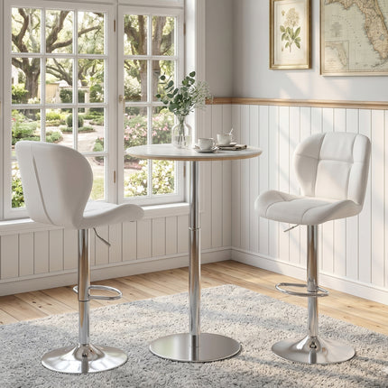 Adjustable Bar Table and Stools Set, Round Bar Height Table with Sintered Stone Top & 2 White PU Leather Bar Stools with Padded Seat, Swivel Bistro Set for Small Spaces