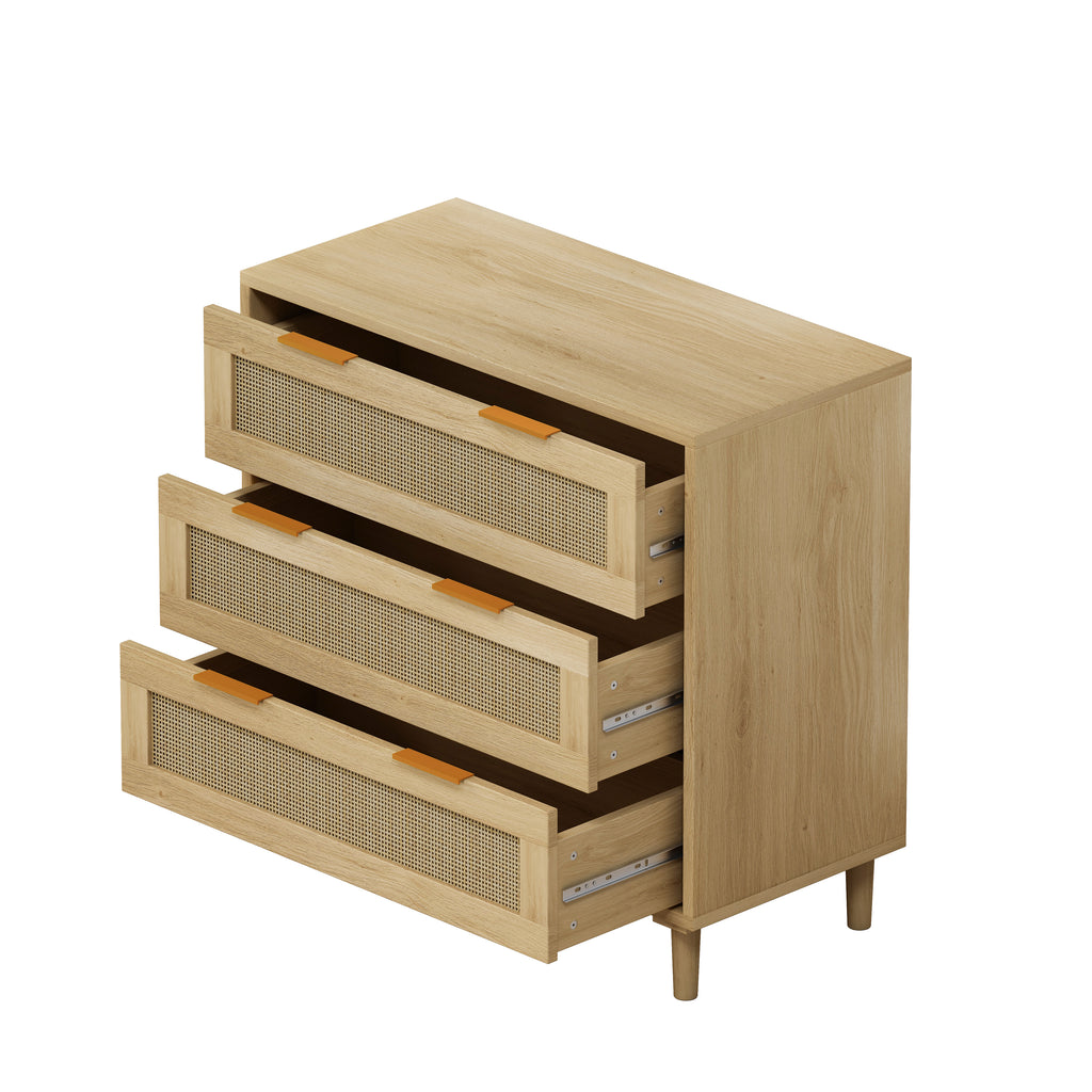Nervi Rattan Three-Drawer Storage Cabinet, Oak, Set of 2