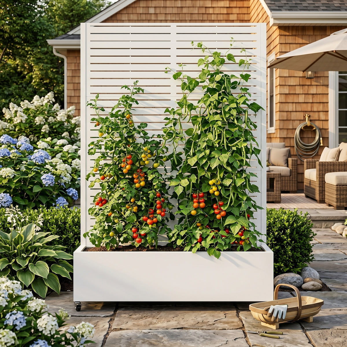 Metal Planter Box with Trellis,  73'x47'x16' Metal Raised Garden Bed with Trellis, Metal Planter Box with Drainage Holes & Lockable Wheels & Privacy Screen for Climbing Plants, Vegetables, Vines